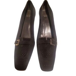 Stuart Weitzman Black Suede Perforated  Square Toe Kitten Heel Pumps Loafer With